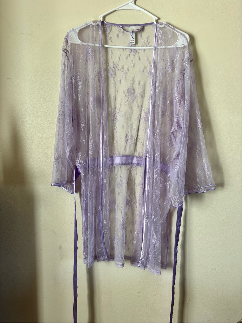 Dreamgirl Sheer Lavender Lace Kimono Robe with Satin Tie